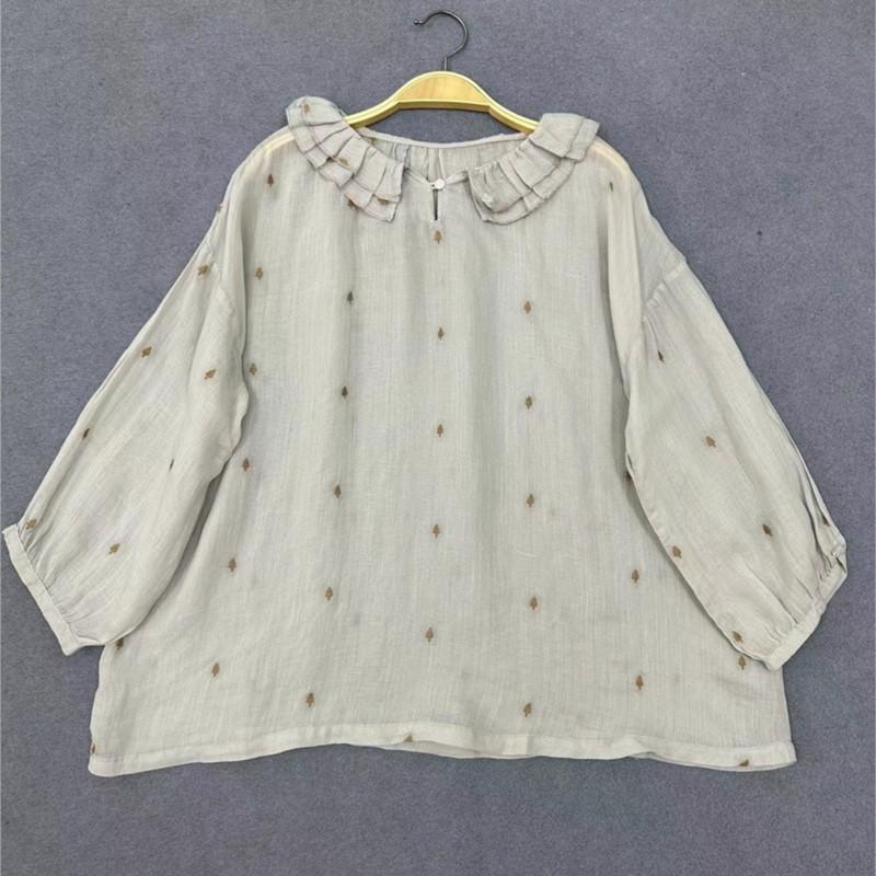 Johnature Summer Embroidered Ruffle Collar Shirts Women Casual Loose Versatile Thin Vintage Tops
