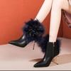 Women's Fashion Stiletto Cotton Boots Winter New Pointed Head Side Zipper Feather Temperament High Heel Ankle Boots