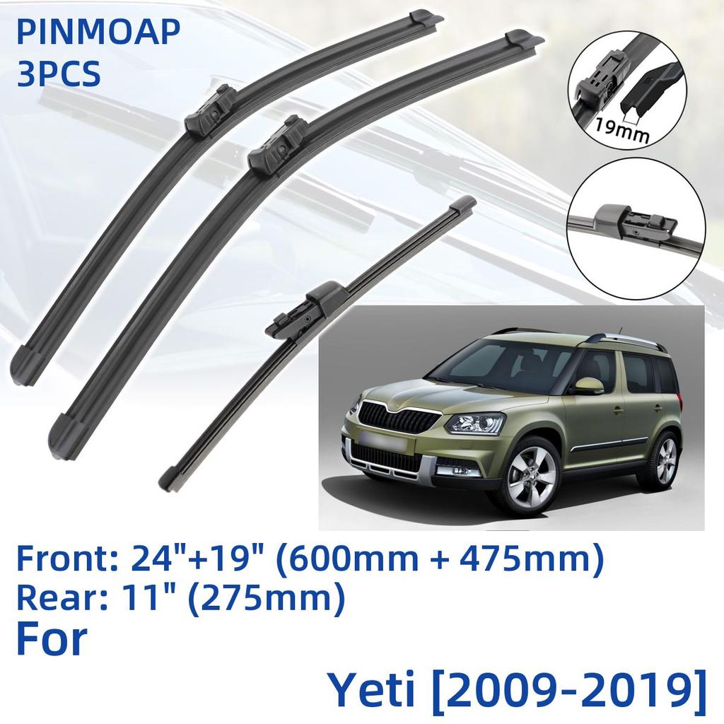 3PCS For SKODA Yeti 2009-2019 24" 19" 11" Front Rear Wiper Blades Windshield Windscreen Window Cutter Accessories 2013 2014 2015 2016 2017 2018 2019