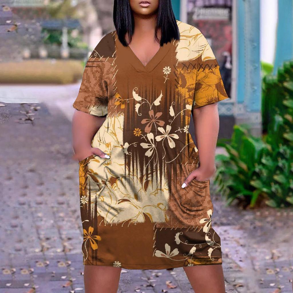 Women's Summer Plus Size V-neck Short Sleeve Print Knee Pocket Casual Dress