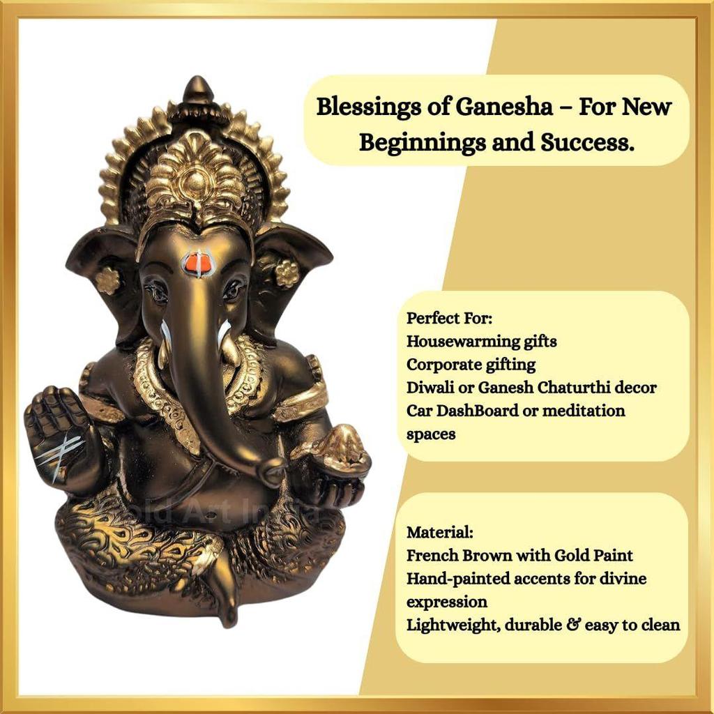 Handcrafted French Brown Mukut Ganesha Idol (3.5") - Perfect for Car Dashboard, Home or Office Decor and Gifting, Idol