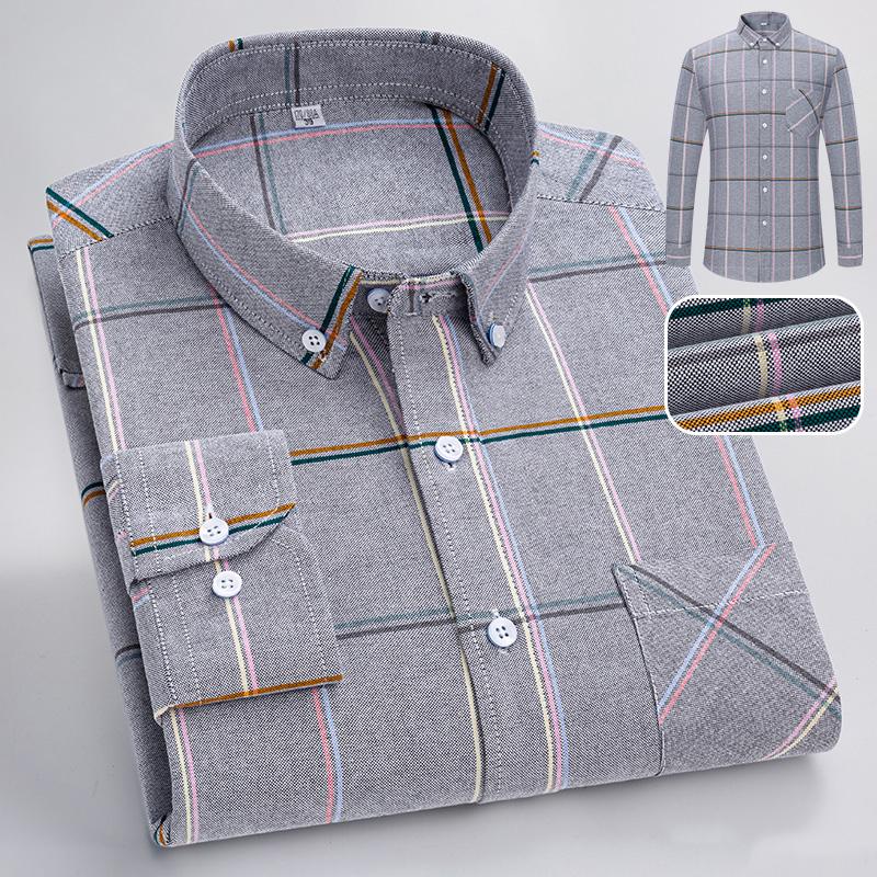 New Men's Plaid Shirts Long Sleeve Casual Office Pure Cotton Oxford Easy Care Fashion Youngster