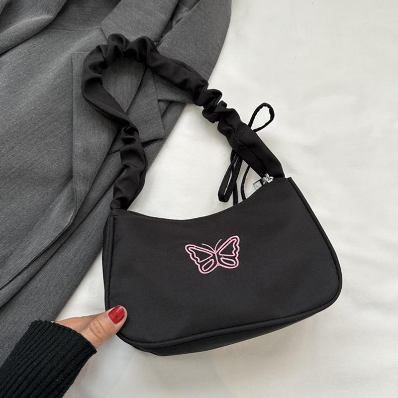 Cute Embroidered Bowknot Butterfly Shoulder Bag Women Pleated Handbag Half-moon Underarm Bag Fashion Oxford Nylon Bow Tote Bag