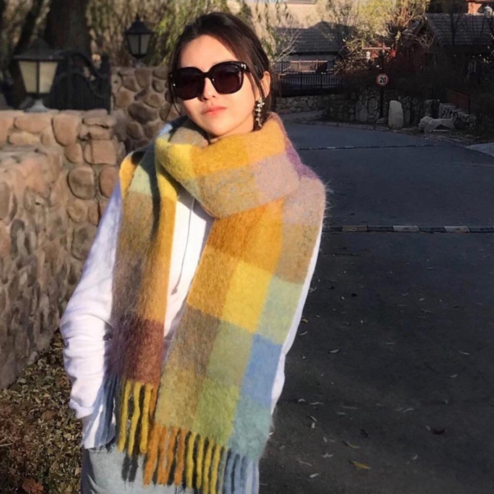Versatile Four Color Cashmere Scarf Long Tassel Rainbow Winter Plaid Shawl Gradient Tie Dye Scarf