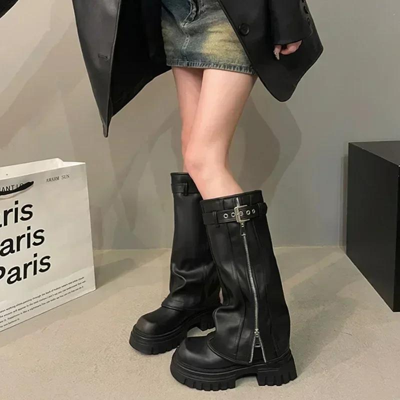 Winter Women Biker Boots Belt Buckle Ladies Elegant Platform Long Pipe Booties Casual Women's Knee High Booties