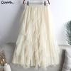 Summer Long Maxi Skirt Women FCute High-waisted Pleated Kawaii Tulle Skirt Mesh Gauze QT1240