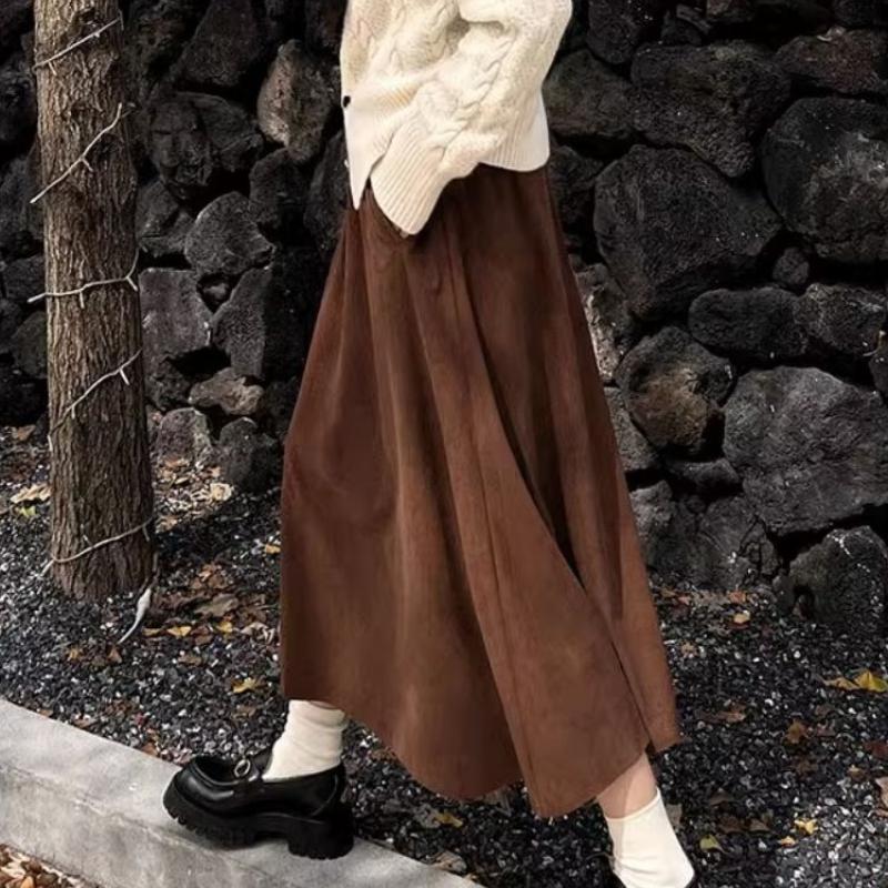 Autumn Winter Women's Plus Size Retro Corduroy Midi Skirt Loose Slim-Fitting A-Line Umbrella Skirt