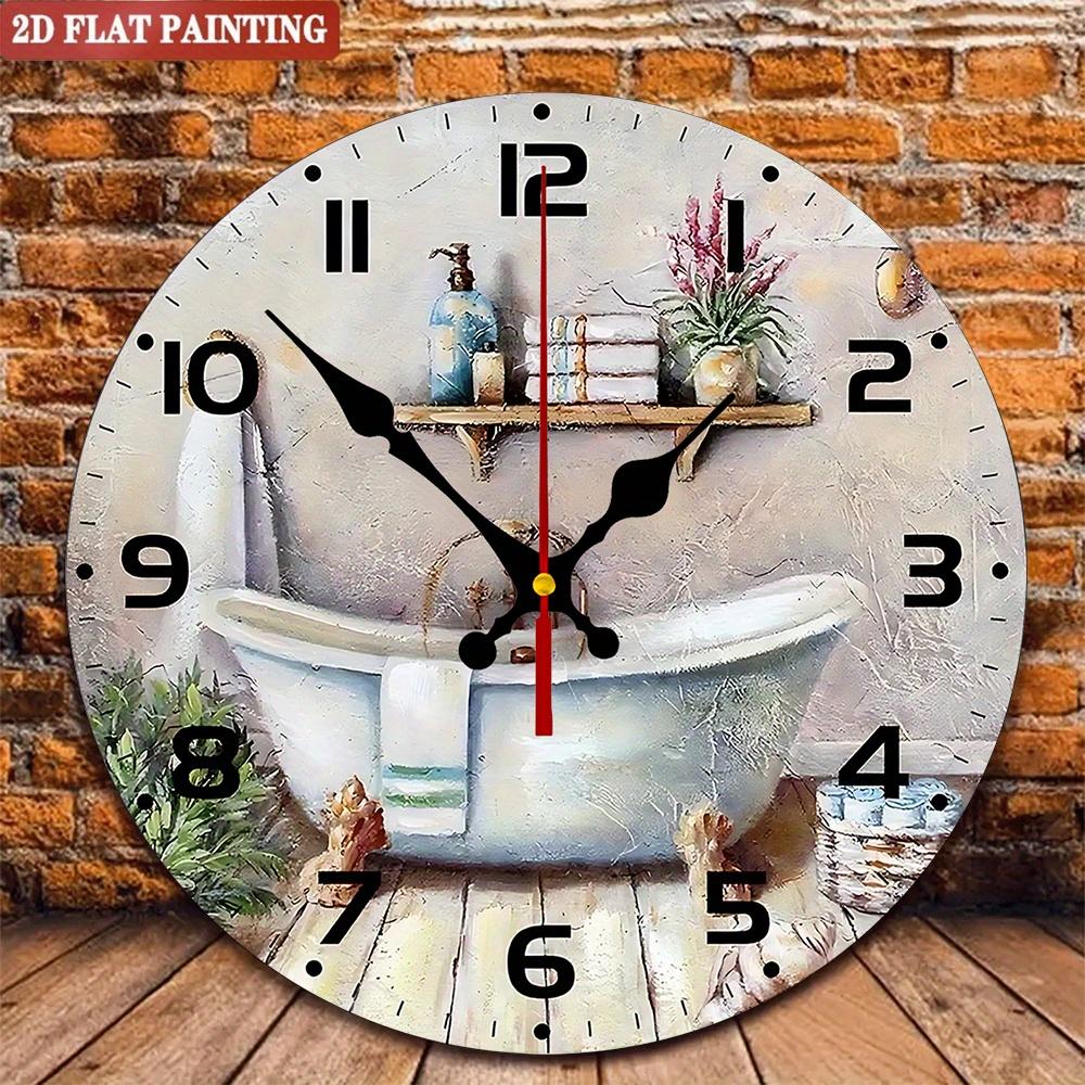 Bathroom Theme Wall Clock. Bathtub & Plants Design, Silent for Kitchen or Living Room.