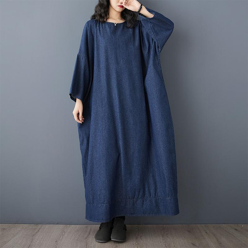 Women Plus Size Dress Solid Fashion Casual Denim Basic Long Dress Cotton Vintage Loose Blue Clothing