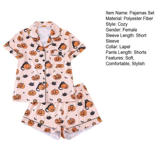 Halloween Pajama Sets for Women Button Down Short Sleeve 2 Piece Sleepwear Pumpkin Print Shirts And Shorts Pjs Lounge Set