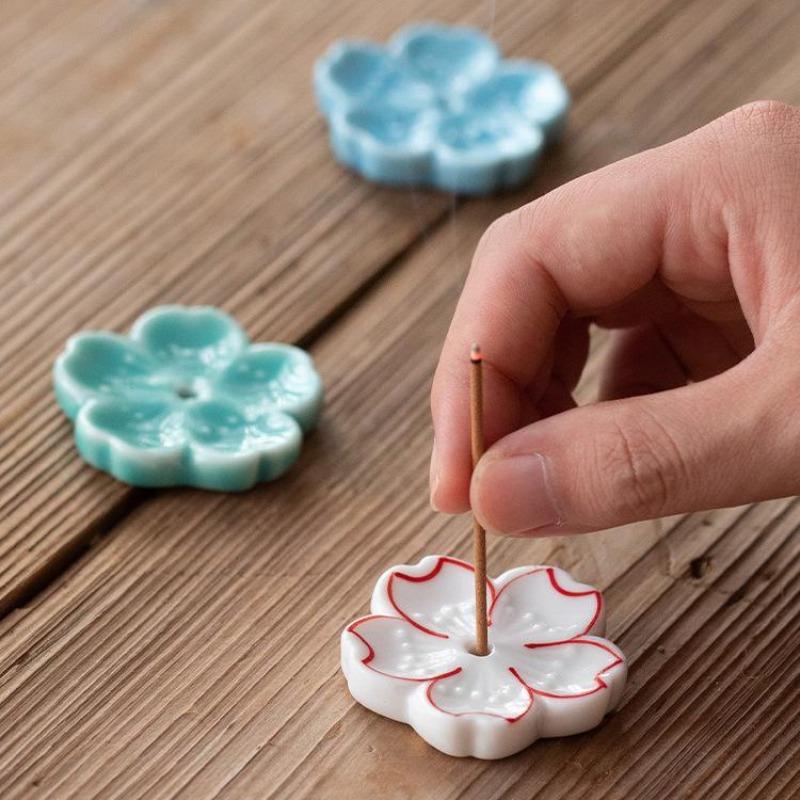 2pcs Ceramic Cherry Blossom Incense Burner Home Decor Incense Stick Holder Aromatherapy Office Teahouse Living Room Ornament