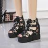 Roman Sandals Women's High Heels Floral Lace-up Muffin Wedge Heels Fish Mouth Women's Shoes Back Zipper Thick Sole