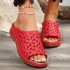 Foreign Trade Large Size 2025 Summer New Simple Casual Flower Hollow PU Medium Heel Women's Wedge Heel Slippers