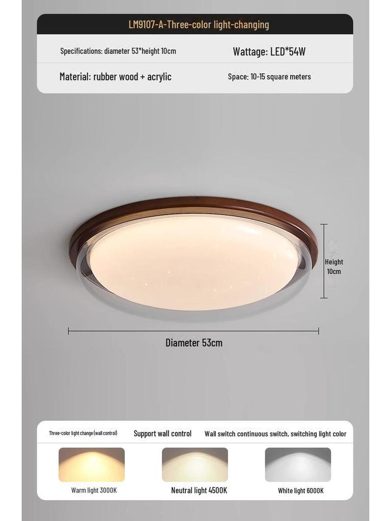 "Walnut Finish Full Spectrum Ceiling Lamp: Designer Round Bedroom & Study Light"