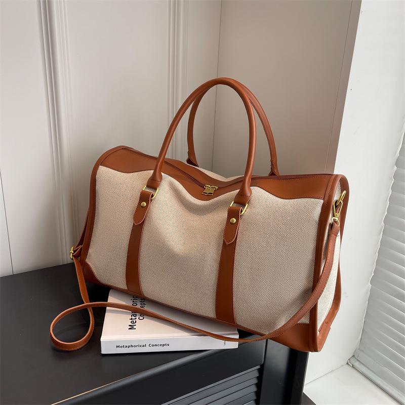 Retro Women's Canvas Travel Handbag - Large Capacity, Color Block Design, Ideal for Sports, Fitness, and Short-Distance Travel