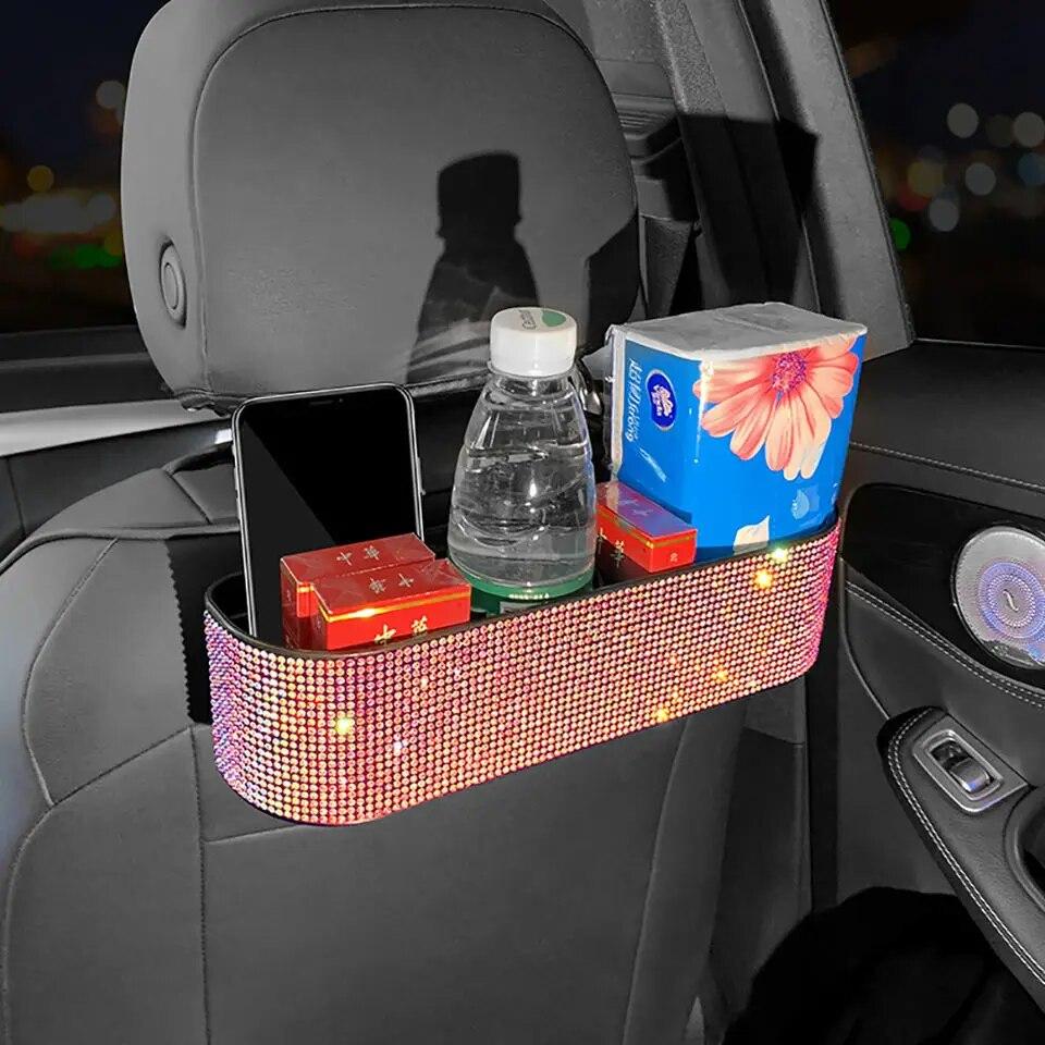 Fashion Diamond Car Seat Back Storage Box Organizer Water Cup Tissue Paper Holder Beverage Rack Bling Car Accessories for Woman