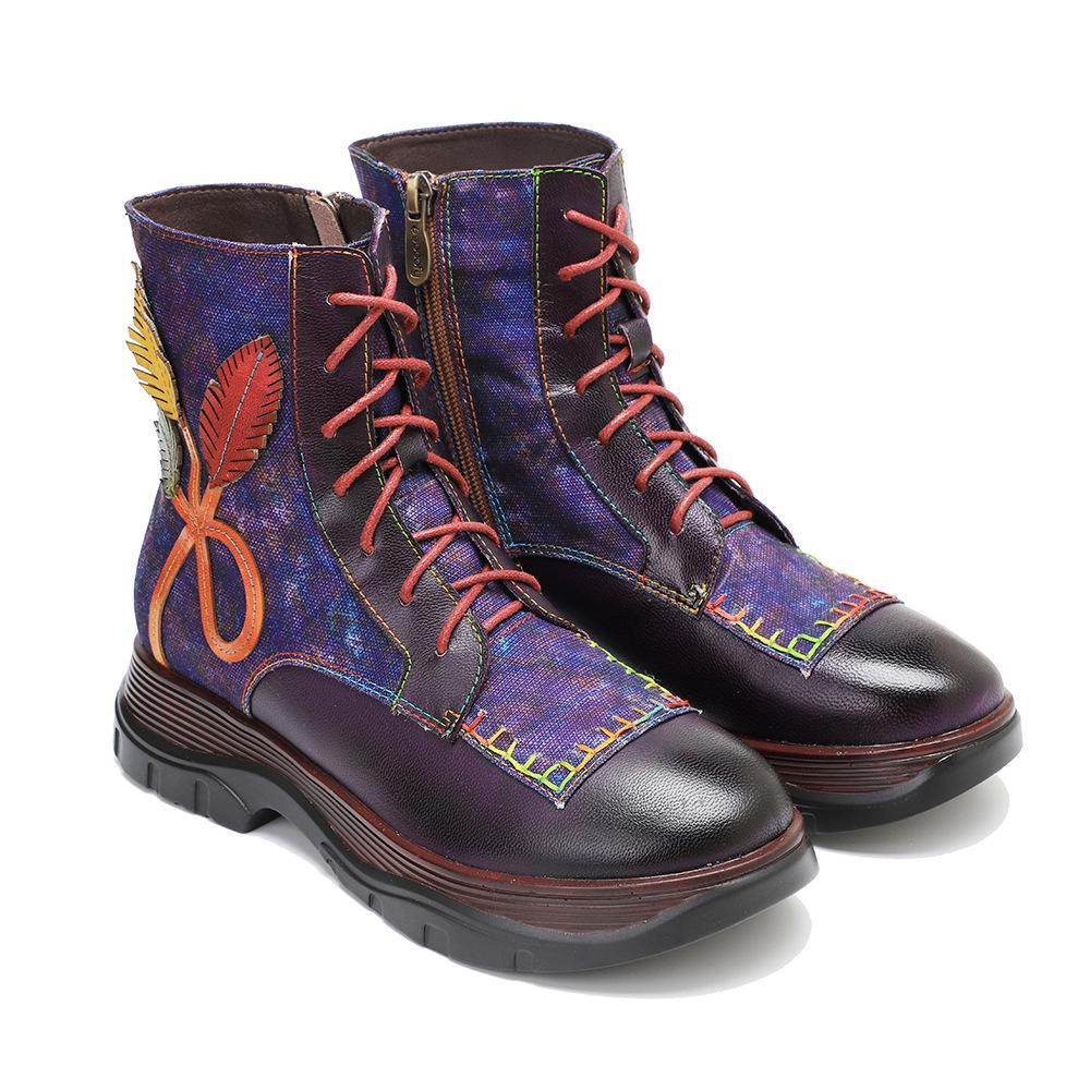 Johnature Genuine Leather Retro Shoes Women Boots Round Toe Floral Sewing Concise Handmade Ankle Platform Boots