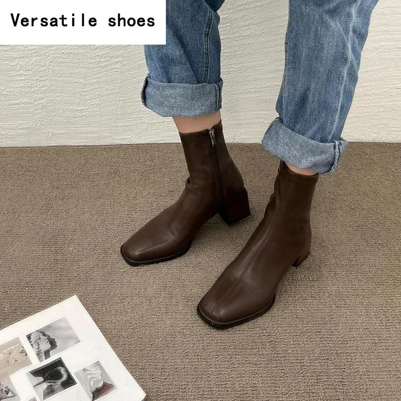 Women Ankle Boots Woman Square Heel Fashion Zipper Autumn Winter Women's Shoes Leather Girl's Short Booties