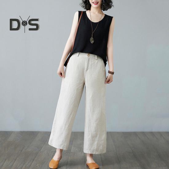 Women Casual Pants Elastic High Waist Buttons Zipper Fly Long Trousers with Pockets Solid Color Straight Wide Leg Slacks Daily Wear