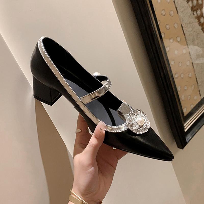 Real Leather Women Vintage Pumps Chunky Mid Heels Genuine Leather Black Pumps Spring Autumn Shoes Party Comfortable Women Pumps