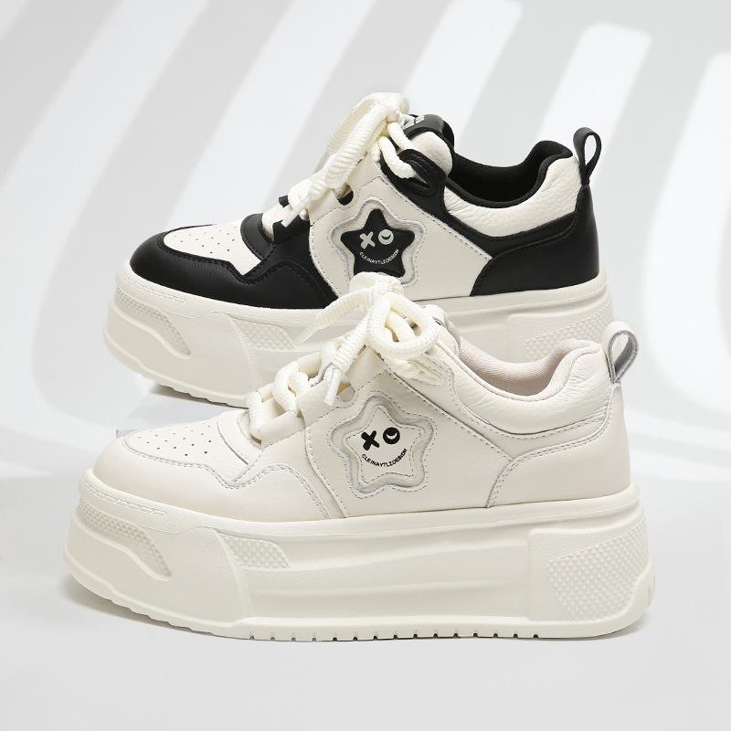 Thick-soled Heightening Board Shoes Women's Leather European Products Autumn New Versatile Little White Shoes Casual Color Matching Muffin Shoes Wom