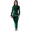 Lady Evening Dress Slim Fit Pleated Bateau Neck Long Sleeve Pure Color Midi Dress Sheath Calf Length Prom Cocktail Party Dress