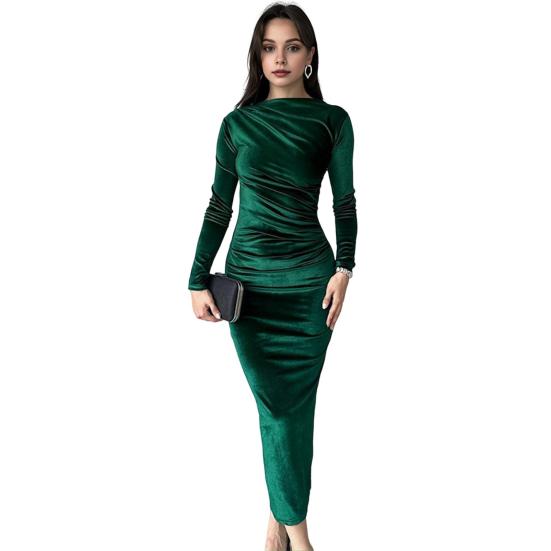 Lady Evening Dress Slim Fit Pleated Bateau Neck Long Sleeve Pure Color Midi Dress Sheath Calf Length Prom Cocktail Party Dress
