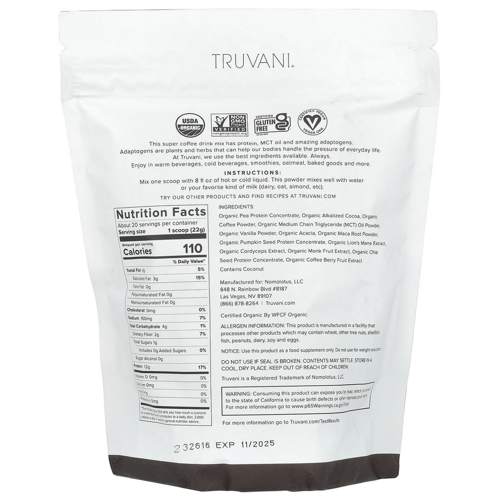 Truvani Протеин + Энергия, Шоколадный Мокко, 17.46 унций (495 г)