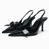 TRAF Womans Black Leather High Heel Sandals Sexy Pointed Toe Slingback Metal Buckle Pumps Sandals Summer Party High Heel Sandals