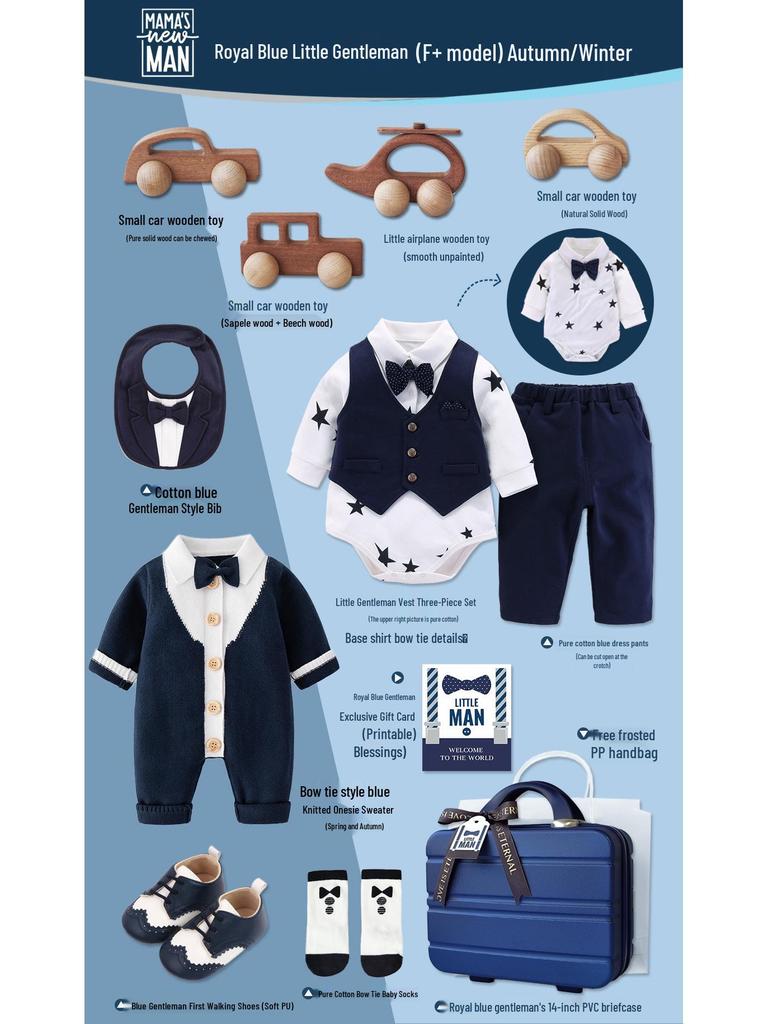 Royal Blue Baby Boy Gentleman Suit Gift Set for Autumn/Winter - Perfect for First Birthday, Full Moon, or Hundred Days Celebration
