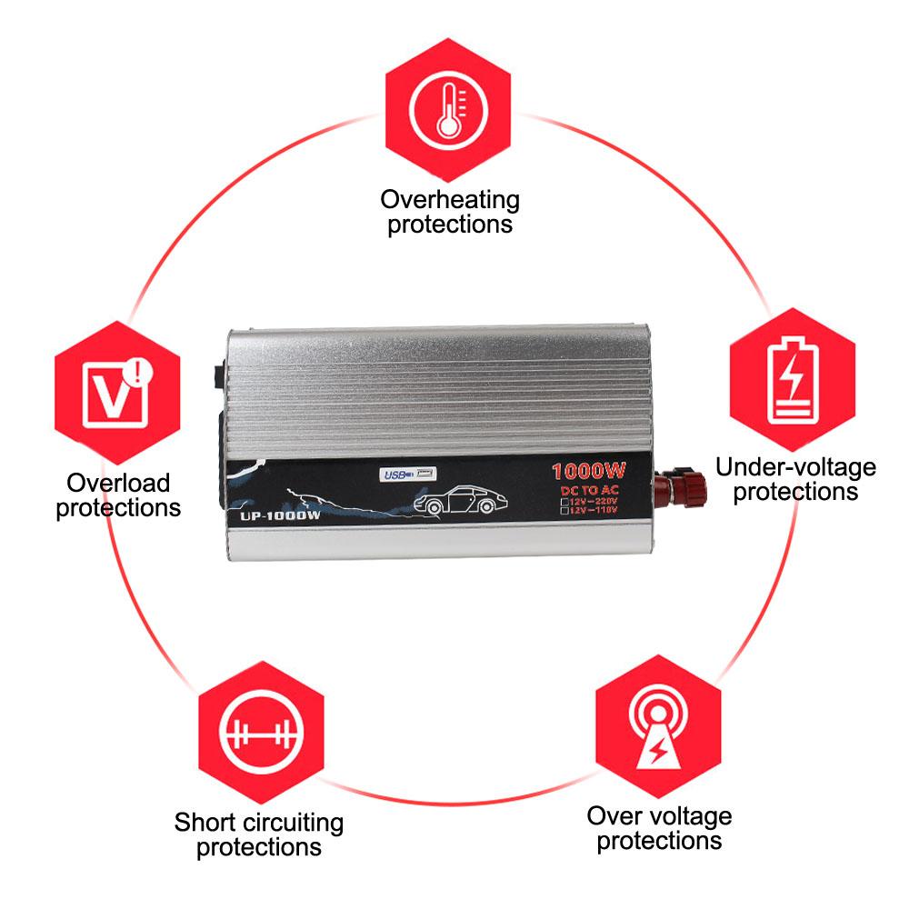 For Car Home Laptop Truck Solar Car Inverters 1000W 12V To 110V 220V Pure Sine Wave Power Inverter USB Interface Electronic Voltage Transformer