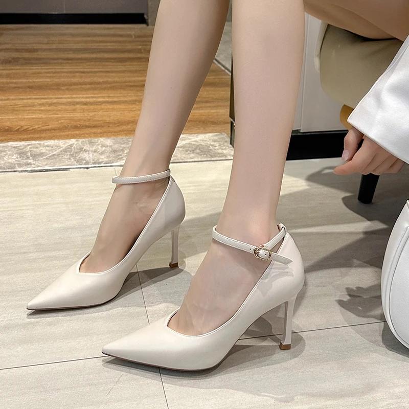 Spring Autumn Work Shoes for Women Black High Heels Slim Heels Buckle Strap Pointed Toe Medium Heel Soft Sole Single Shoes