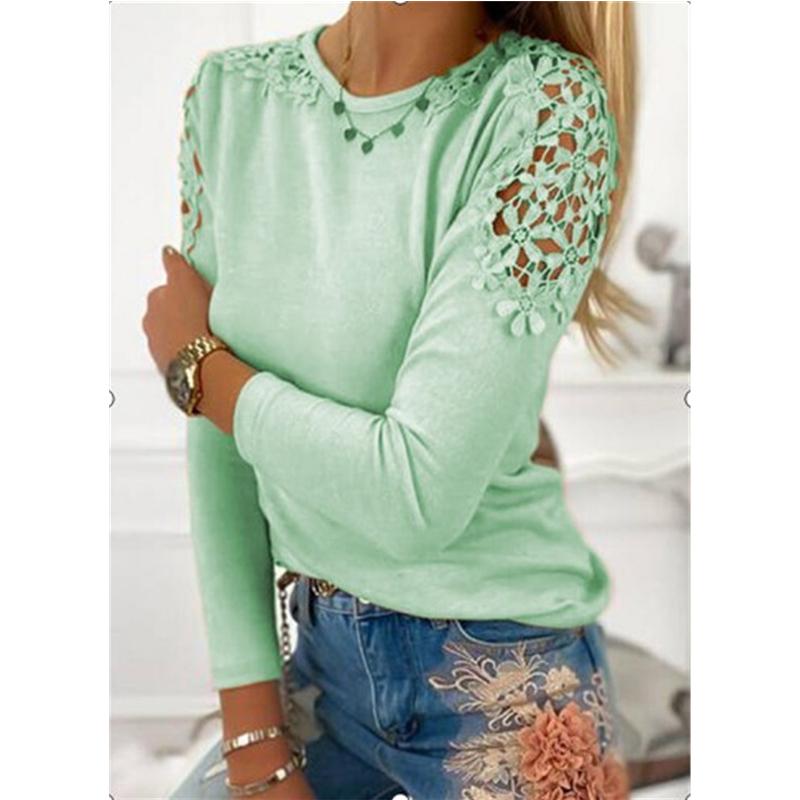 FASHION Women Fashion Pure Color Slim Lace Hollow Long Sleeve T-Shirt Soft and Comfortable Thin Loose Casual Tops