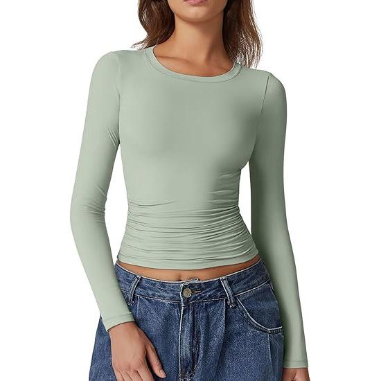 European & American Long Sleeve Round Neck Milk Silk Pullover Tops for Women