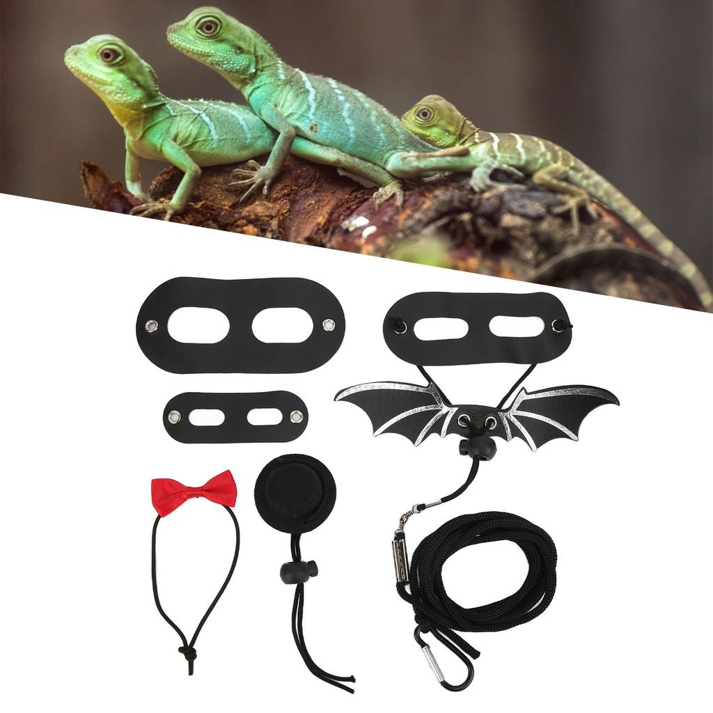 Reptile Harness and Leash Adjustable Lizard Traction Rope Hat Bowtie Set for Small Pet Animals(Black and Red Hat Set