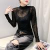 Sexy Perspective Mesh Base Shirt for Women In Spring Fashionable Flocking and Sleeved Long-sleeved T-shirt Underwear Small Shirt