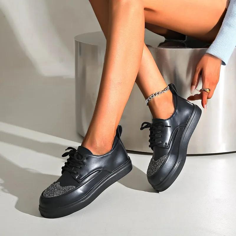 Women Spring Autumn Platform Loafers Woman Round Toe Lace Up Designer Sneakers Sexy Elegant Silver Outdoor Casual Girl'S Shoes