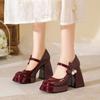 New Patent Leather Round Head with Pearl Bow Thick Heel High Heel Single Shoes Women's Waterproof Table Mary Jane