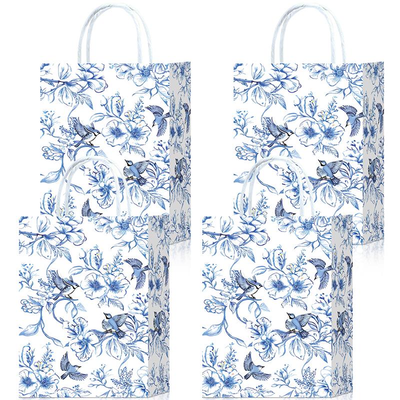 10pcs Blue & White Shopping Paper Gift Bags Elegant Porcelain Floral Tote Bags Chinese With Twine Handles Weddings