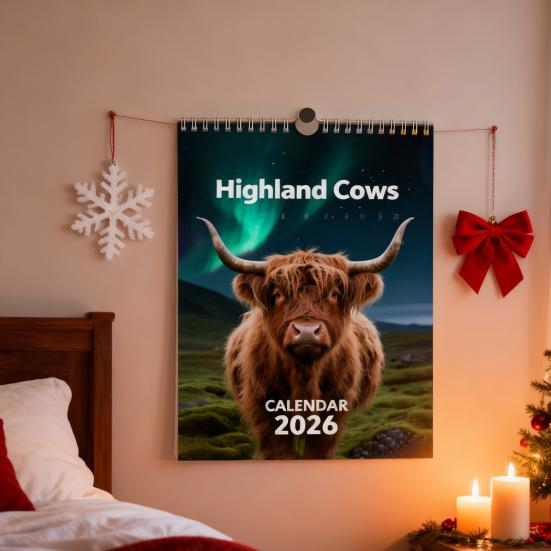 Highland Cow Calendar 2026 Jan 2026 - Dec 2026 12 Month Planner Scottish Wall Art Decor for Home Office