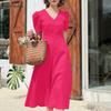 Women Summer V-Neck Solid Color Short Sleeve Casual Dress