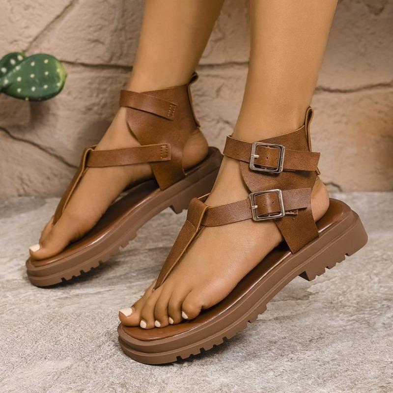 Fashion Summer New Sandals Thick Bottom Roman Style Flip Flops Fashion Ankle Belt Buckle Thick Middle Heeled Women's Shoes Large Size