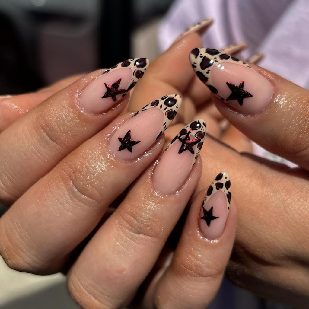 24 Pieces European and American Wearing Nail French Leopard Print Star Manicure Fake Nail Almond Type Press On Nails