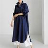 Spring Autumn Loose Plus Size Shirt Dress Knee Length Slit Paired with Cotton Linen Shirt Solid Color Dress