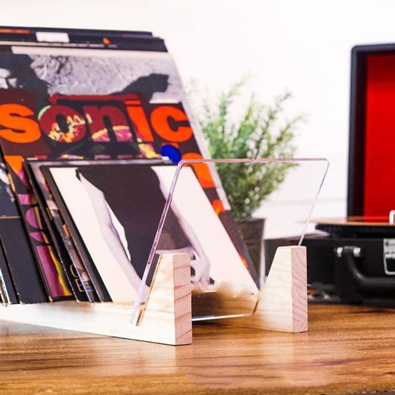Vinyl Record Storage Holder Large Capacity Display Stand with Clear Acrylic Ends Modern Solid Wooen for LP Album Deskop
