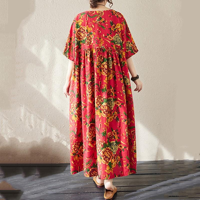 Short Sleeve Plus Size Cotton Vintage Floral New In Dresses for Women Casual Loose Long Summer