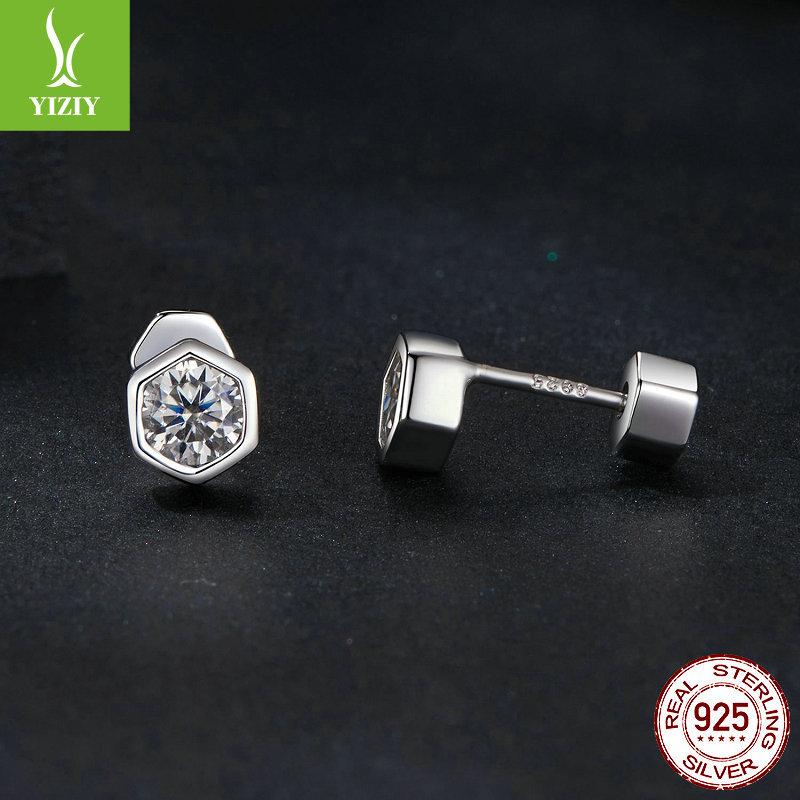 Classic Hexagonal Mozzarella Diamond Stud Earrings, Simple Personalized Fashion S925 Sterling Silver Stud Earrings