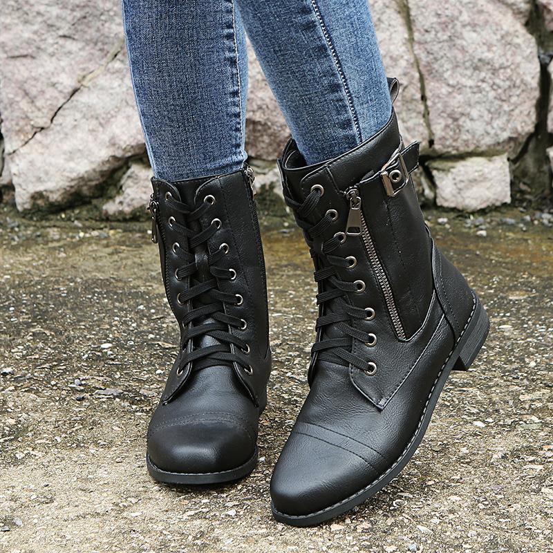 Retro Autumn/Winter Women's Western Cowboy Boots Lace Up Solid Color Side Zipper Low Heel Mid Calf Motorcycle Boot Goth Shoe