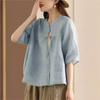 Women Vintage Shirts Tops Stand Half Sleeve Blouses Summer Button Chinese Style Loose Shirts