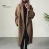 Women Woolen Jacket Turn-down Collar Solid Color Double Button Closure Windbreaker Mid Length Thermal Long Sleeved Coat Commuting Dating Spring Fall
